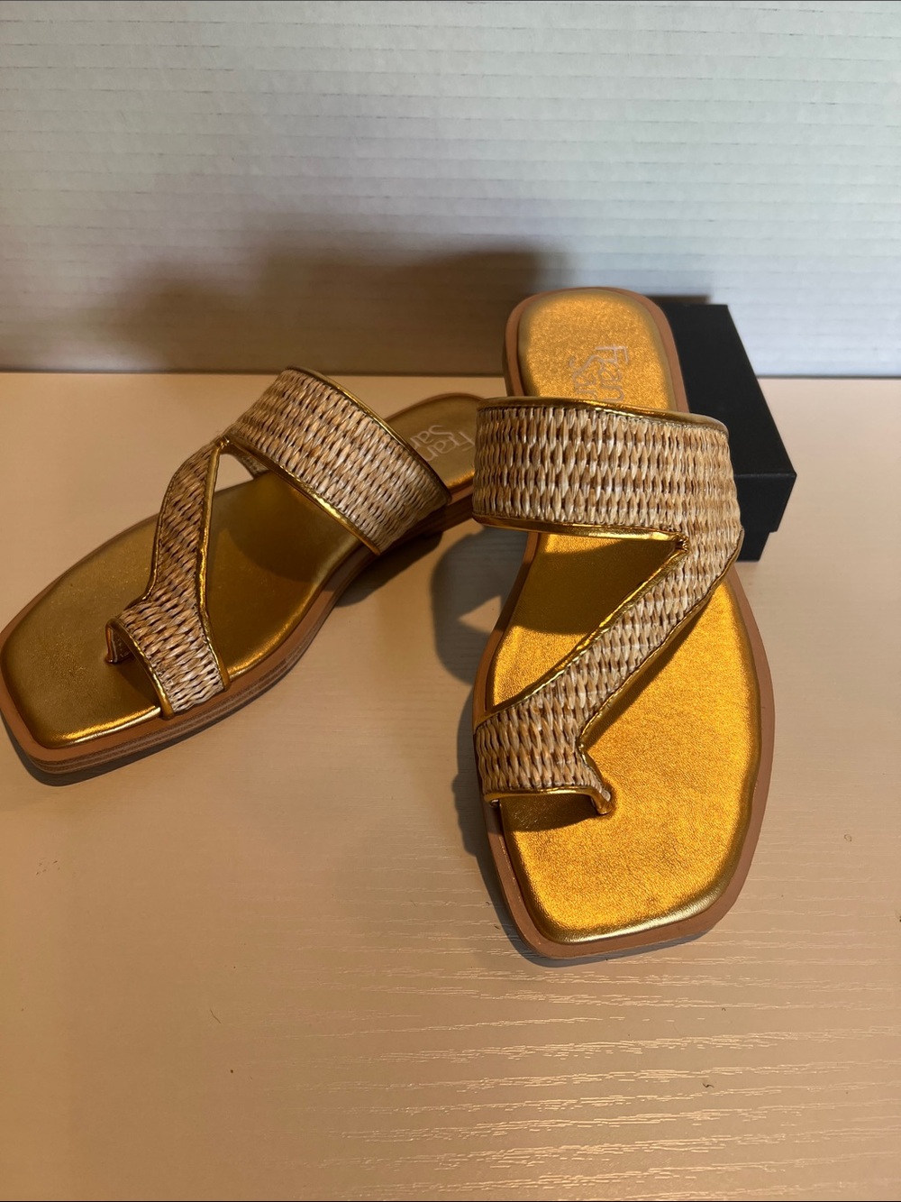 Franco Sarto Gold Metallic & Woven Tan Slide Sandals
